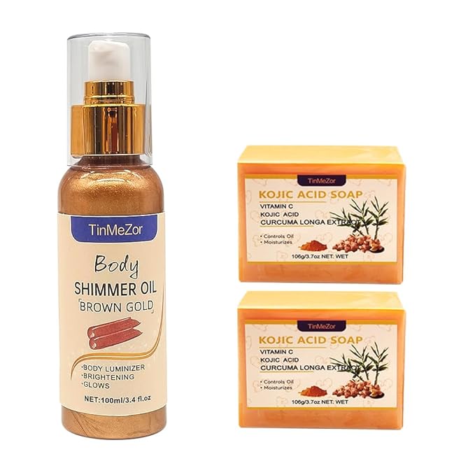 Turmeric Soap And Body Shimmer Oil Two Piece Set for Face & Body,Glitter Lotion Shimmer,2PCS Turmeric Soap Bar,Turmeric Soap for Face