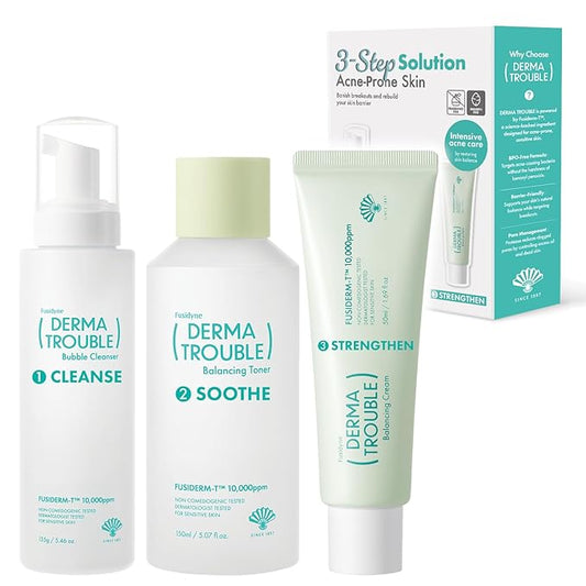 Derma Trouble 3-Step Acne Kit - Korean Skin Care Routine for Clogged Pores & Sensitive Skin, Gentle pH-Balanced Cleanser, Toner & Cream, Non-Irritating Formula. Anti-Sebum Complex, Fusiderm-T