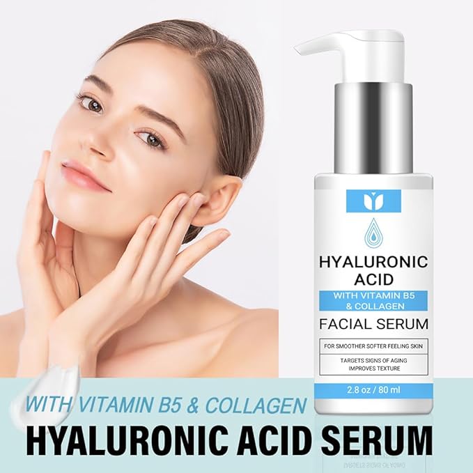 Hyaluronic Acid Serum for Face with Collagen & Vitamin B5, Hydrating, Plumping, Anti-Aging Serum for Wrinkles & Fine Lines, Locks in Moisture, All Skin Types, Hylunaric Acid Serum 2.8oz (2.8 oz, 80ml)