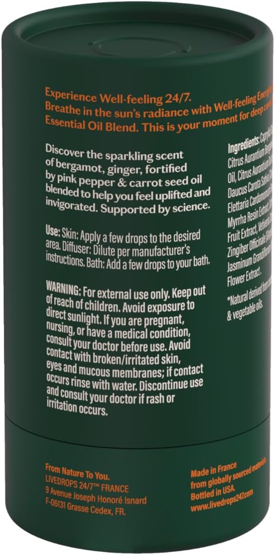 Livedrops 24/7 Energized Essential Oil Blend, Bergamot, Ginger, Pink Pepper Natural Aromatherapy for Energy & Focus Skin-Safe & Diffuser-Ready Clinically Tested Crafted in France