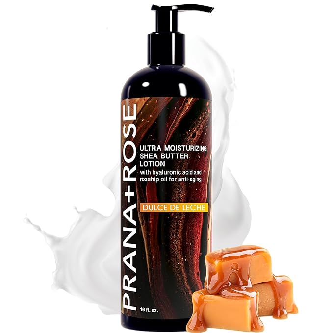 MADE IN THE USA Ultra Moisturizing Shea Butter Lotion with Hyaluronic Acid and Rosehip Oil for anti-aging ORGANIC VEGAN body and hand lotion 16oz (Dulce De Leche)