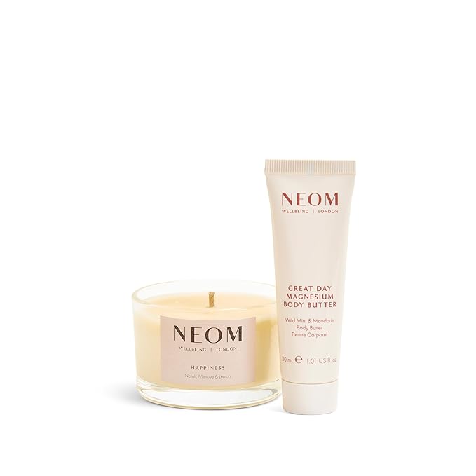 NEOM- Feel Good Mood Boost Duo Gift Set | Happiness Scented Candle & Great Day Magnesium Body Butter