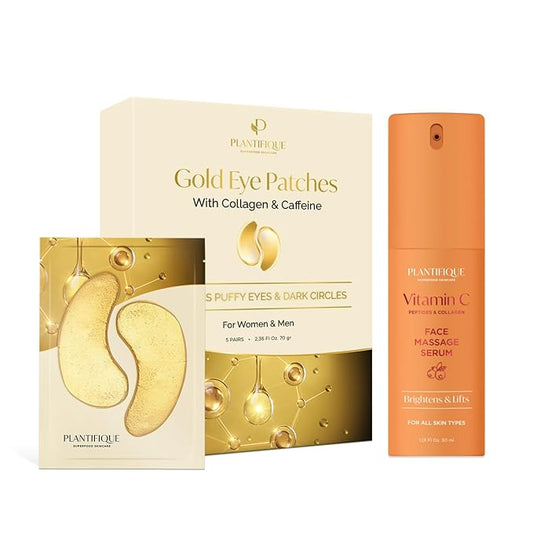 PLANTIFIQUE Korean Vitamin C Face Massage Serum and Gold Under Eye Patches for Puffy Eyes and Dark Circles 5 Pairs