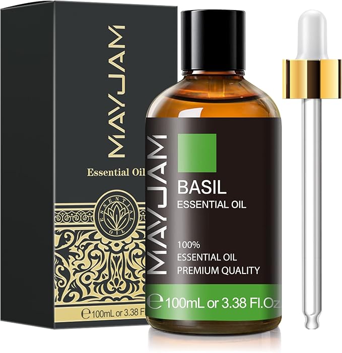 Basil Essential Oil 100ml, MAYJAM Premium Essential Oils for Aromatherapy, Diffuser, Soap Making, Candle Making, Large Bottle Basil Oil with Gift Box(3.38fl.oz)