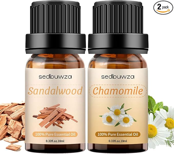 Sedbuwza Sandalwood Chamomile Essential Oil Set, Sandalwood Fragrance Oil Chamomile Scent Oil Set for Diffuser, Aromatherapy, Massage, Soap, Candle Making 2 x 10 ml