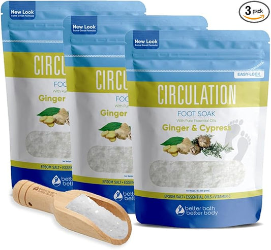 Circulation Foot Soak (3-Pack with Scoop) Foot Soaking Epsom Salts with Pure Essential Oils in BPA Free Pouch with Press-Lock Seal Made in USA, Three 2-Lbs Pouches 6-Lbs Total