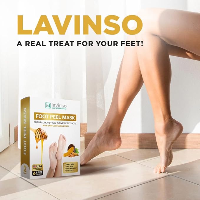 Lavinso Honey Feet Peeling Mask for Dry Cracked Feet - 2 Pack - with Kojic Acid Skin Brightening Effect - Exfoliating Dead Skin and Calluses - Foot Peel Mask for Baby Soft Feet
