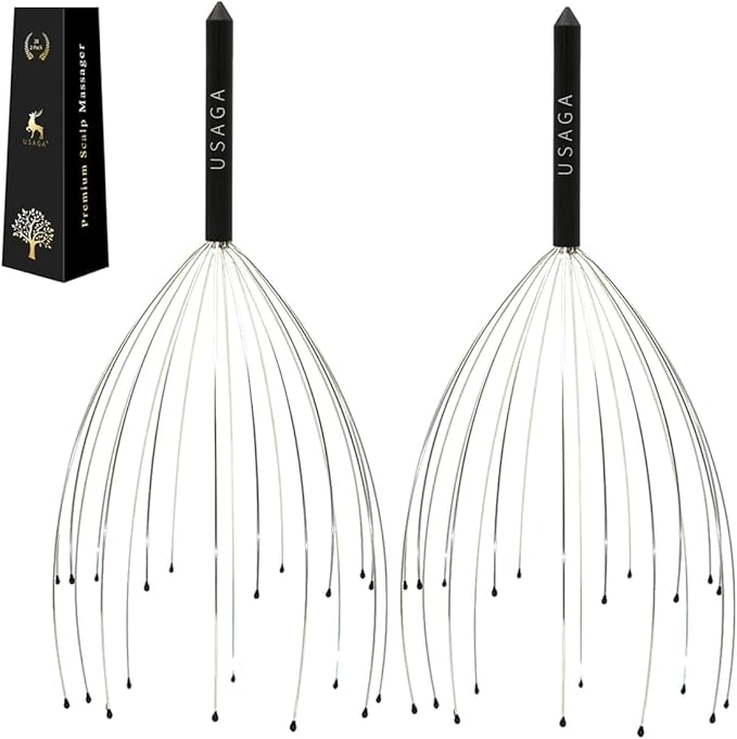 USAGA Head Massager Scalp Massager 20 Fingers Head Scratcher for Scalp Body Relaxing (Black & Black)