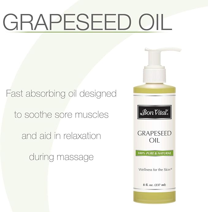 Bon Vital' Grapeseed Oil, 100% Pure Skin Toner and Massage Oil, For Hair Care, Aromatherapy, and Massage, Helps Reduce Wrinkles and Prevents Premature Aging, Skin Moisturizer, 8 Oz, Label may Vary