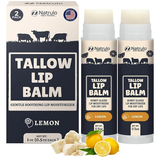 Beef Tallow Lip Balm – Natural Tallow Beeswax Chapstick – Hydrating Moisturizer Grass Fed Beef Tallow Balm Lip Care – Soothes Chapped Dry Sensitive Lips – Long Lasting Vitamin Rich USA-Made 2Pk Lemon