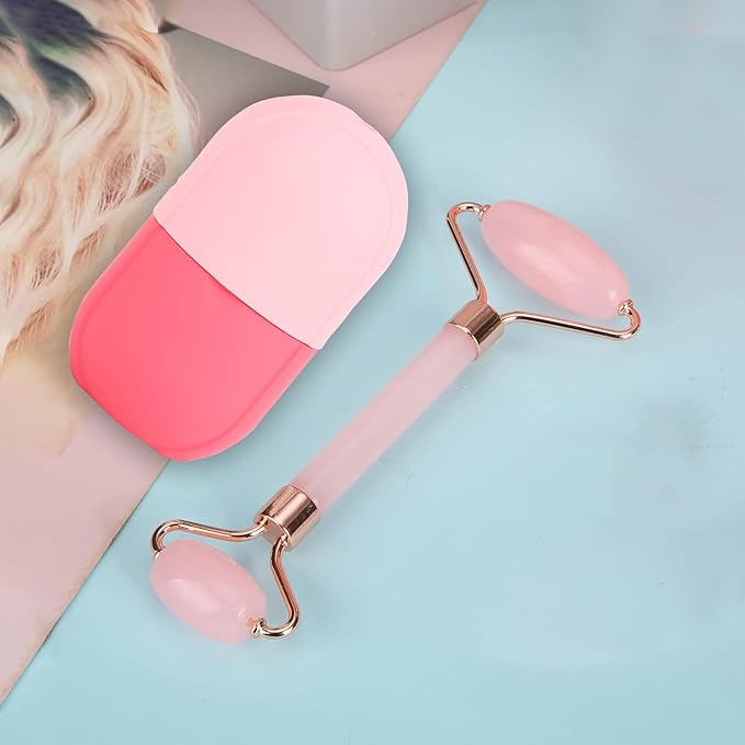 Facial Skincare Ice Roller Mold-Ice Roller for Face and Eye,Beauty Cube Brighten Skin &Enhance Natural Glow &Remove Fine Lines,Facial Beauty Ice Roller Skin Care Tools (Oval, pink set)