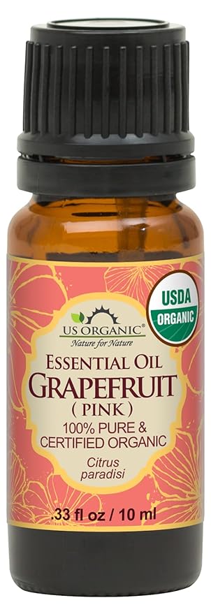 US Organic Grapefruit Pink Essential Oil, USDA Certified Organic, Cold Pressed, 100% Pure, for Face, Hair, Skin, Aromatherapy, and More (10 ml)
