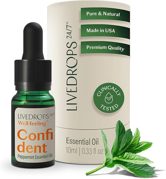 LIVEDROPS 24/7 Confident Peppermint Essential Oil. Made in USA Globally sourced Ingredients. Pure & Natural. Aromatherapy. Dilute in Carrier Oil for The Skin or use in a Diffuser