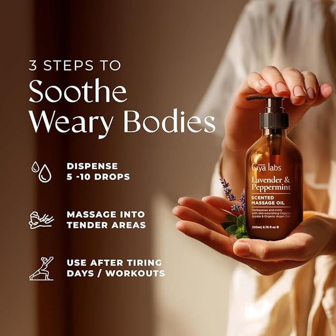 Gya Labs Lavender & Peppermint Massage Oil - 6.76 Fl Oz - 100% Pure Natural Aromatherapy Body Massage Oil for All Skin Types & Sore Muscles - Crafted with Jojoba, Argan, Sunflower & Sweet Almond