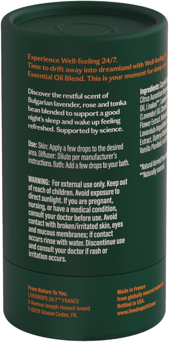LIVEDROPS 24/7 Sleep Good Essential Oil Blend Crafted in France. Lavender, Rose & Tonka. Pure & Natural Aromatherapy Skin Safe & Diffuser Compatible Clinically Tested