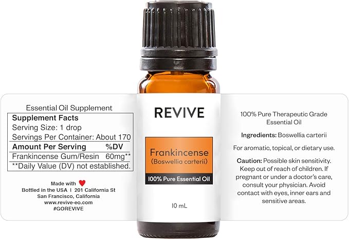 Frankincense Boswellia Carterii 10mL Essential Oil by Revive Essential Oils -100% Pure Therapeutic Grade, Diffusion, Massage, Aromatherapy, Skin & Hair Care, Cruelty Free, Unrefined with No Fillers