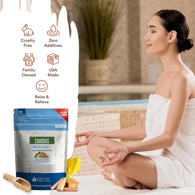 Chakras Bath Salt 128 Ounces (8 Lbs) Epsom Salt with Natural Ylang Ylang and Sandalwood Essential Oils Plus Vitamin C in BPA Free Pouch with Easy Press Lock Seal Made in USA