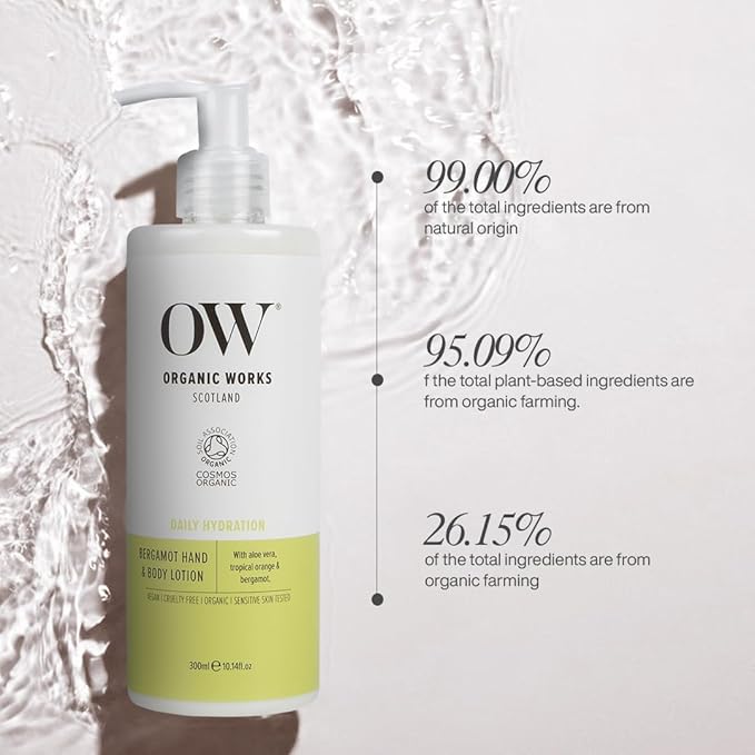 Organic Works Daily Hydration Hand and Body Lotion - Enriched with Vitamin E and C, Shea Butter Lotion for All Skin Types - Bergamot - 10.14 oz