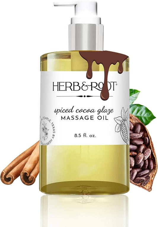 Herb & Root Spiced Cocoa Glaze: Chocolate Cinnamon Edible Massage Oil, Scented Body Oil for Women, Relaxing Gifts, Non-Sticky, Natural Plant-Based Aromatherapy