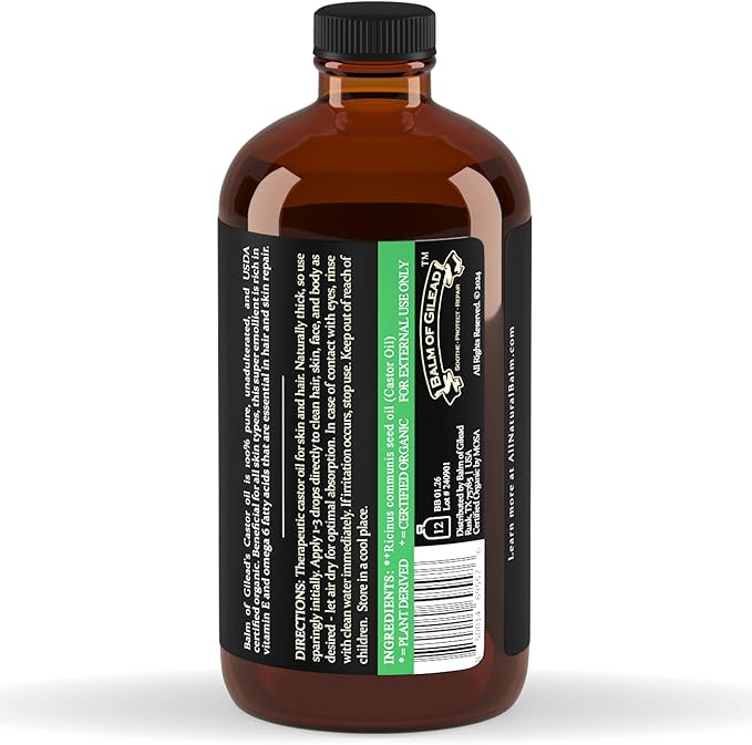 BALM OF GILEAD Organic Castor Oil for Skin Hydration - Therapeutic Cold Pressed, USDA Certified 100% Pure, Glass Bottle - 16 oz Unrefined, Hexane Free, Castor Oil for Hair & Eyelashes Growth
