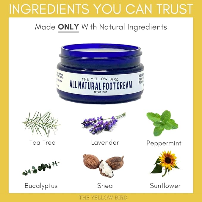 Yellow Bird Foot Cream – Hydrating Tea Tree Oil Foot Balm with Essential Oils. Natural Athletes Foot Treatment. Moisturizing Cracked Feet Repair & Callus Remover. Made In USA - 2 oz