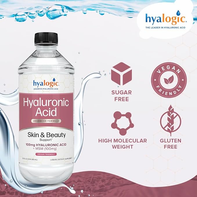 Hyalogic Liquid Hyaluronic Acid Supplement - Ingestible Skin Support with 100mg HA and 100mg MSM - Natural Hydration for The Face, Eyes and Lips - High Molecular Weight Formula - 12 oz