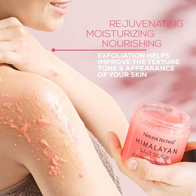 Natural Riches Himalayan Salt Exfoliating Body Scrub Lychee Bergamot Essential oil with Vitamin C - (12 Oz / 340 gm) Moisturize Deep Cleansing foot scrub body skin exfoliator