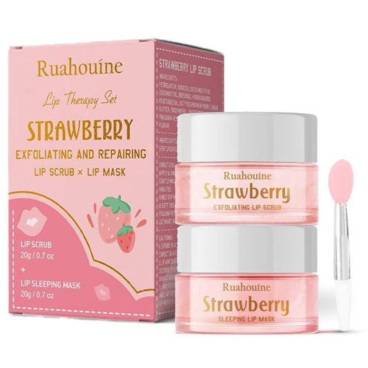 Strawberry Lip Scrub And Mask Set, Lip Scrub Kit, Lip Scrub Set, Sugar Lip Scrub Exfoliator, Lip Scrub For Dark Lips To Lighten, Lip Care Kit, Sleeping Lip Mask, Lip Mask Pack, 1.4 oz / 2-piece