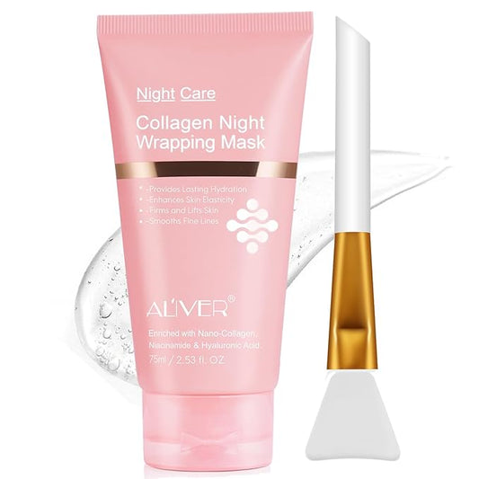 Collagen Night Wrapping Mask, Peel Off Face Mask with Jelly Brush, Jelly Masks for Facials Professional Korean Skin Care, Elasticity & Hydration Care Overnight Collagen Mask for Women - 2.53 oZ