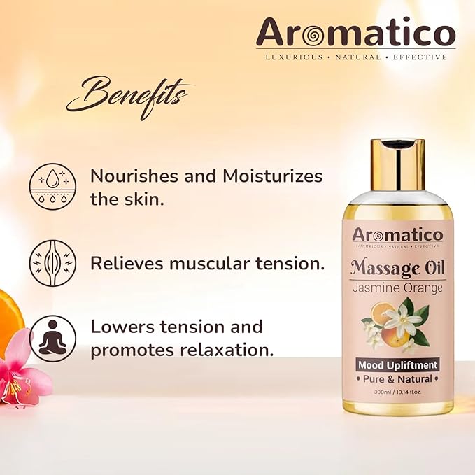 AROMATICO Massage Oil with Jasmine & Orange Essential Oils. Natural Power of Sesame, Almond & Jojoba Oils. Full Body Massage Oil for Relaxtion. for Men & Women - 10 Fl Oz
