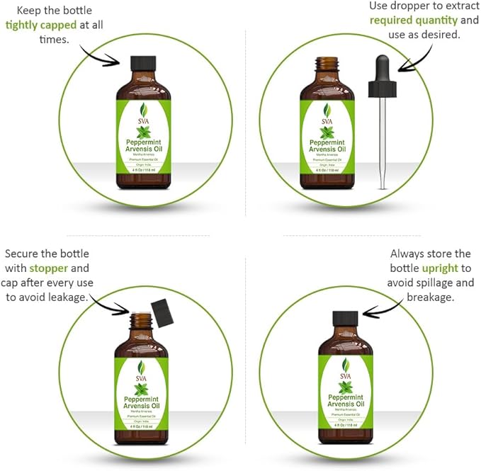 SVA Peppermint Essential Oil – 4 Fl Oz – 100% Natural Peppermint Oil - for Diffuser, Hair Care, Face, Skin Care, Aromatherapy, Scalp and Body Massage, Soap and Candle Making - with Dropper