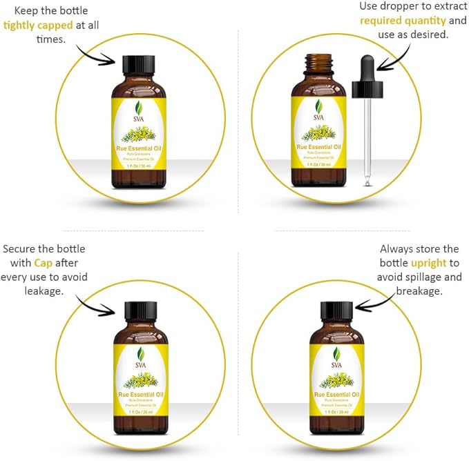 SVA Rue Essential Oil – 1 Fl Oz – 100% Natural Rue Oil - for Diffuser, Hair Care, Face, Skin Care, Aromatherapy, Scalp and Body Massage, Soap and Candle Making - with Dropper