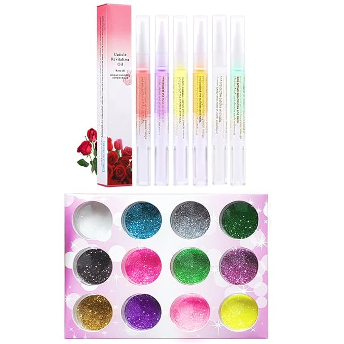 6Pcs Nail Cuticle Oils Nutrition Oil Pen and Nail Glitter Powder Set 12 Colors Glitter Powder for Nails