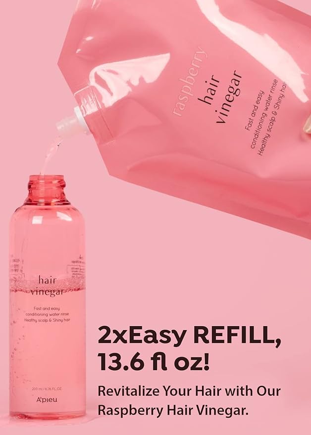 A’PIEU Raspberry Hair Vinegar Rinse & Refill Bundle 6.76 + 13.6 fl oz - Scalp Treatment for pH Balance | Clarifying, Dandruff & Oil Control | Silky, Shiny Hair