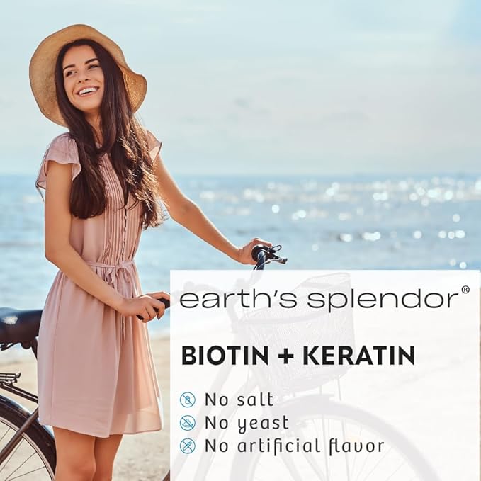 Earth's Splendor Biotin 10,000 mcg + Keratin 25mg, Promotes Healthy Hair, Strong Nails and Skin Support, 60- Day Supply