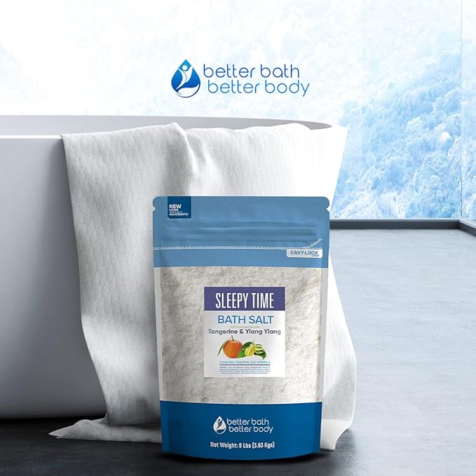 Sleepy Time Bath Salt 128 Ounces (8 Lbs) Epsom Salt with Natural Tangerine and Ylang Ylang Essential Oils Plus Vitamin C in BPE Free Bulk Size Pouch with Easy Press Lock Seal Made in USA