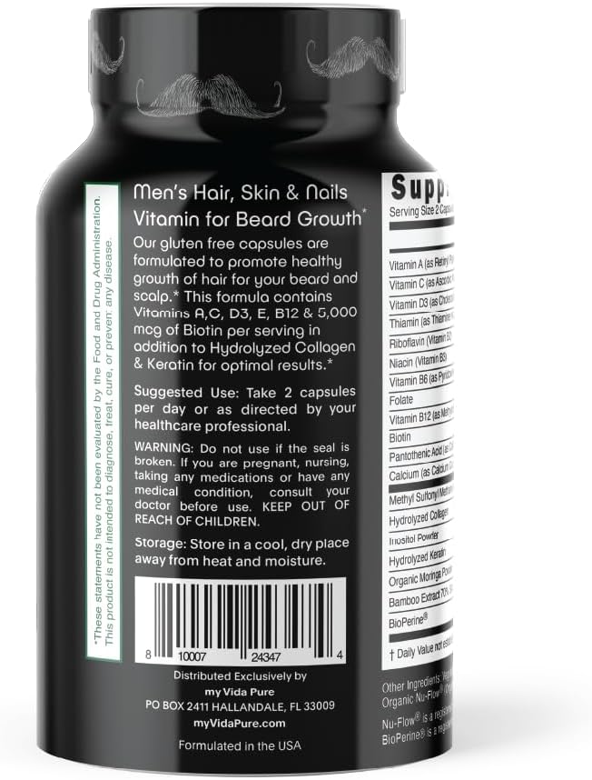 MYVIDAPURE Beard Growth + Men’s Skin & Nails – 5,000mcg Biotin – Vitamin C, D & B-Complex –Hydrolyzed Collagen Veggie Capsules – Non-GMO – Gluten-Free
