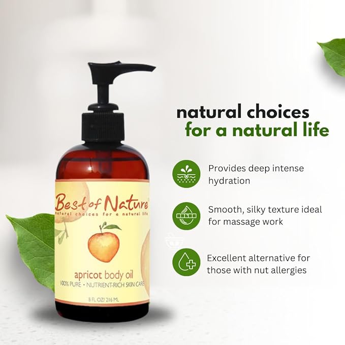 Best of Nature 100% Pure Apricot Oil – Lightweight Massage & Body Oil, Unscented Moisturizer for Hair, Skin, Face, Ideal Carrier Oil for Essential Oils, 8 fl oz