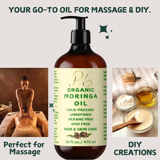 Organic Moringa Oil – 100% Pure & Cold-Pressed, Unrefined & Hydrating Oil for Face, Body & Hair – Nourishing Skin & Hair Moisturizer – 16 fl oz Glass Bottle with Pump