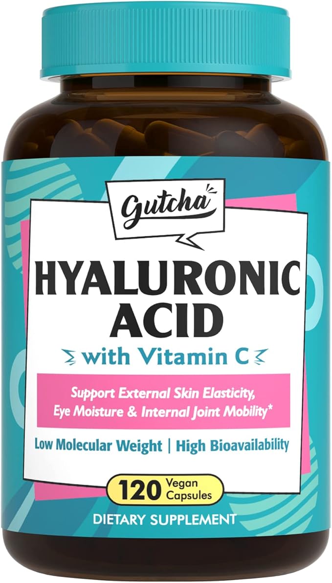 Gutcha Hyaluronic Acid, Ultra Strength with Vitamin C, Low Molecular Weight, High Stability & Bioavailability, Anti-Aging Formula for Joints, Skin & Eyes, Vegan, Once Daily, Non-GMO, 120 Caps