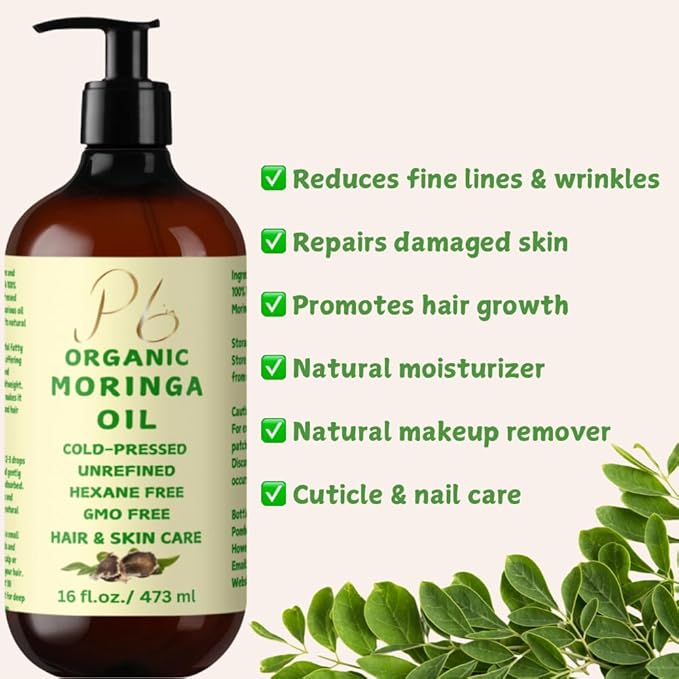 Organic Moringa Oil – 100% Pure & Cold-Pressed, Unrefined & Hydrating Oil for Face, Body & Hair – Nourishing Skin & Hair Moisturizer – 16 fl oz Glass Bottle with Pump