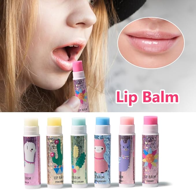 IBI 6 Pcs Fruit Flavored Lip Balm Set With Lanyard, Shiny packaging, Lip Care to Moisturize Dry Lips
