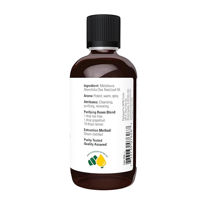 NOW Foods Essential Oils, Tea Tree Oil, Cleansing Aromatherapy Scent, Steam Distilled, 100% Pure, Vegan, Child Resistant Cap, 4-Ounce