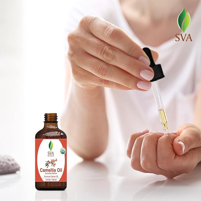 SVA Camellia Seed Oil Organic - 4 Fl Oz – 100% Natural Cold Pressed Organic Camellia Oil - for Face, Skin Care, Hair Care, Scalp Massage & Body Massage – Carrier Oil with Dropper