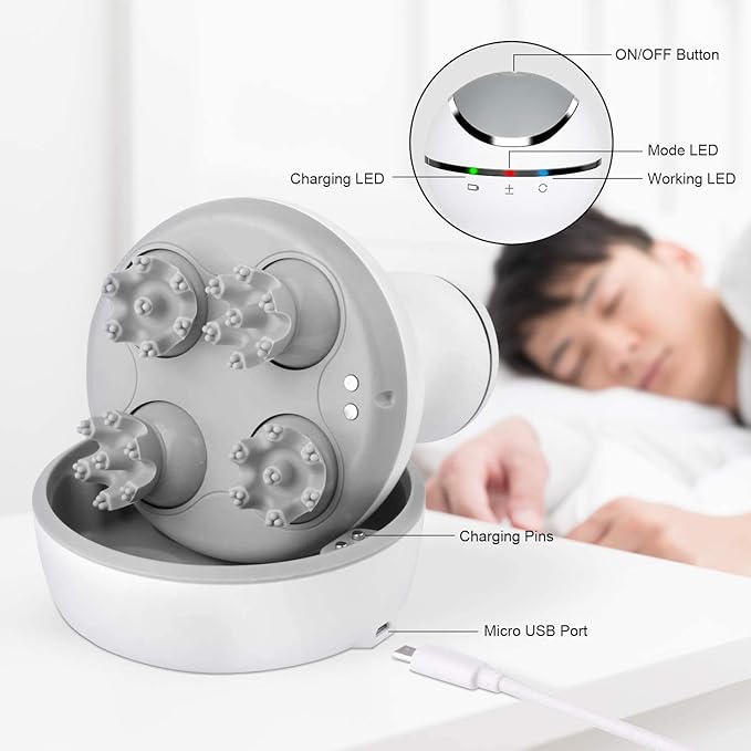 cotsoco Electric Scalp Head Massager, Scalp Hair Massage Waterproof Head Massager with 4 Heads 84 Nodes for Hair Growth and Stress Release Massage White