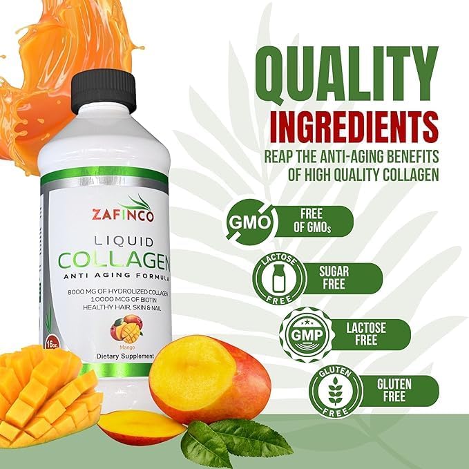 Liquid Collagen Peptides for Women & Men-Mango Flavored 10000 mcg Biotin+8000 mg Hydrolyzed,Sugar Free Premium Juice for Anti-Aging,Skin,Hair,Nails & Joints -16 Fl oz-Made in USA