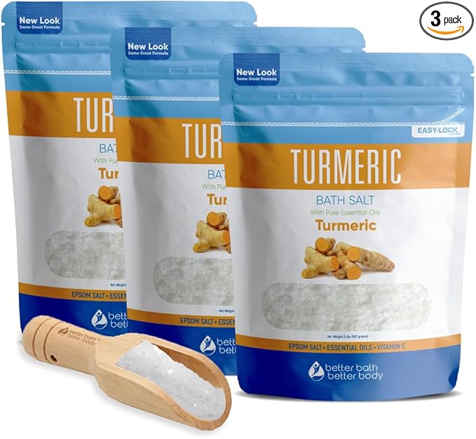 Turmeric Bath Salt (3 Pack with Scoop 6 Lbs Total) Total Bath Aromatherapy Pure Essential Oils in BPA Free Pouch with Press Lock Seal Made in USA Three 2 Lbs Bundle