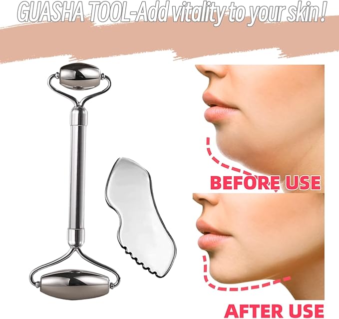 Face Roller & Gua Sha Tool, Stainless Steel Facial Roller and Guasha Tools Skin Care Roller for Wrinkles and Lifting, Improve Puffiness, Metal Face Massager for Eyes, Neck Tighten(2 Pack