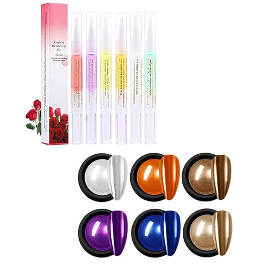 6Pcs Nail Cuticle Oils Nutrition Oil Pen & 6colour Chrome Nail Powder