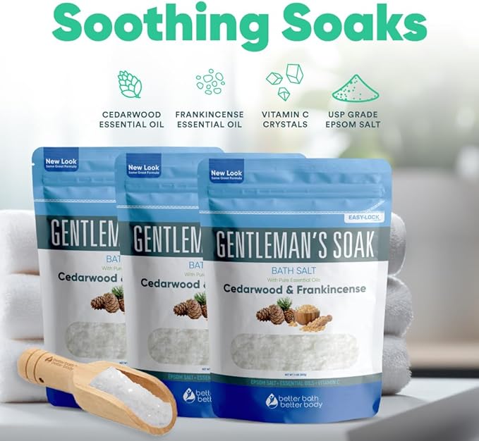 Gentleman's Bath Salt (3-Pack Plus Scoop) Bath for Men with Pure Essential Oils in BPA Free Pouch with Press-Lock Seal Made in USA 3-Pack of 2-lbs, 6-lbs Total